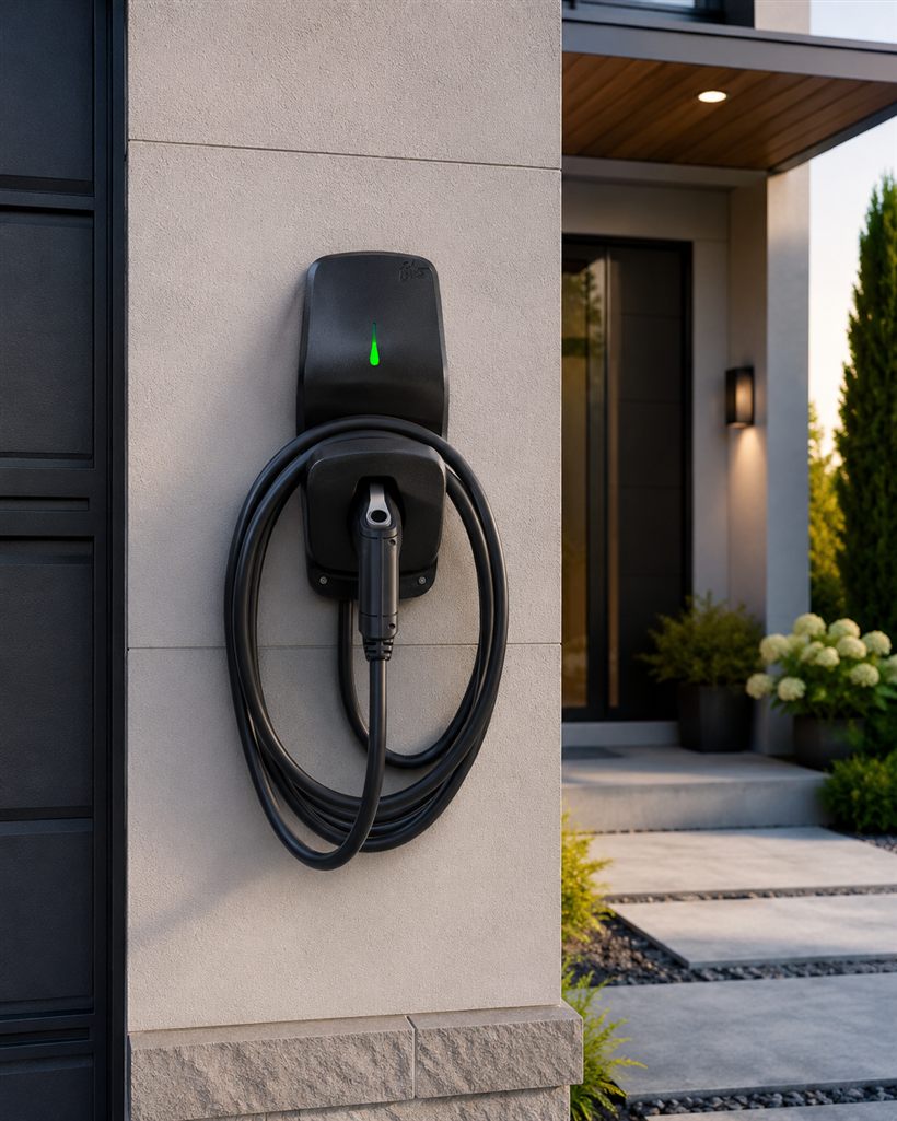 Borne de recharge extérieure sur un mur de résidence