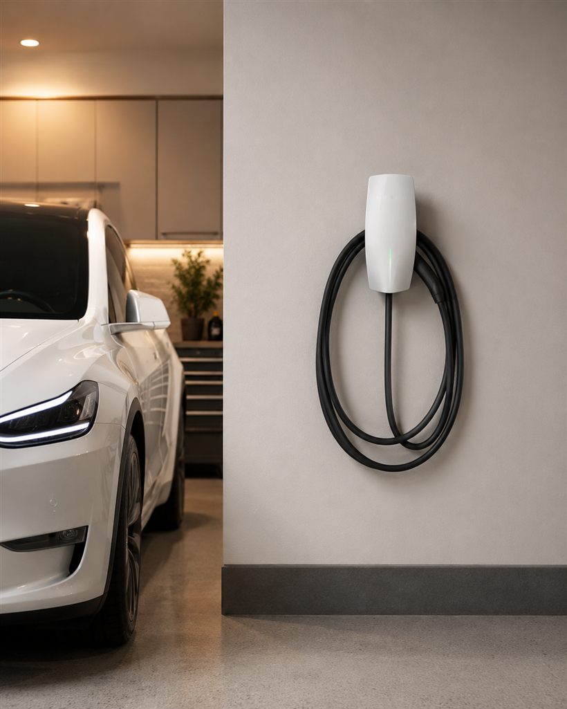 Borne de recharge dans un garage résidentiel intérieur