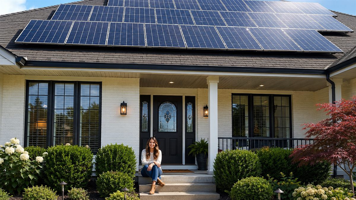 Propriétaire devant sa maison équipée de panneaux solaires sur le toit